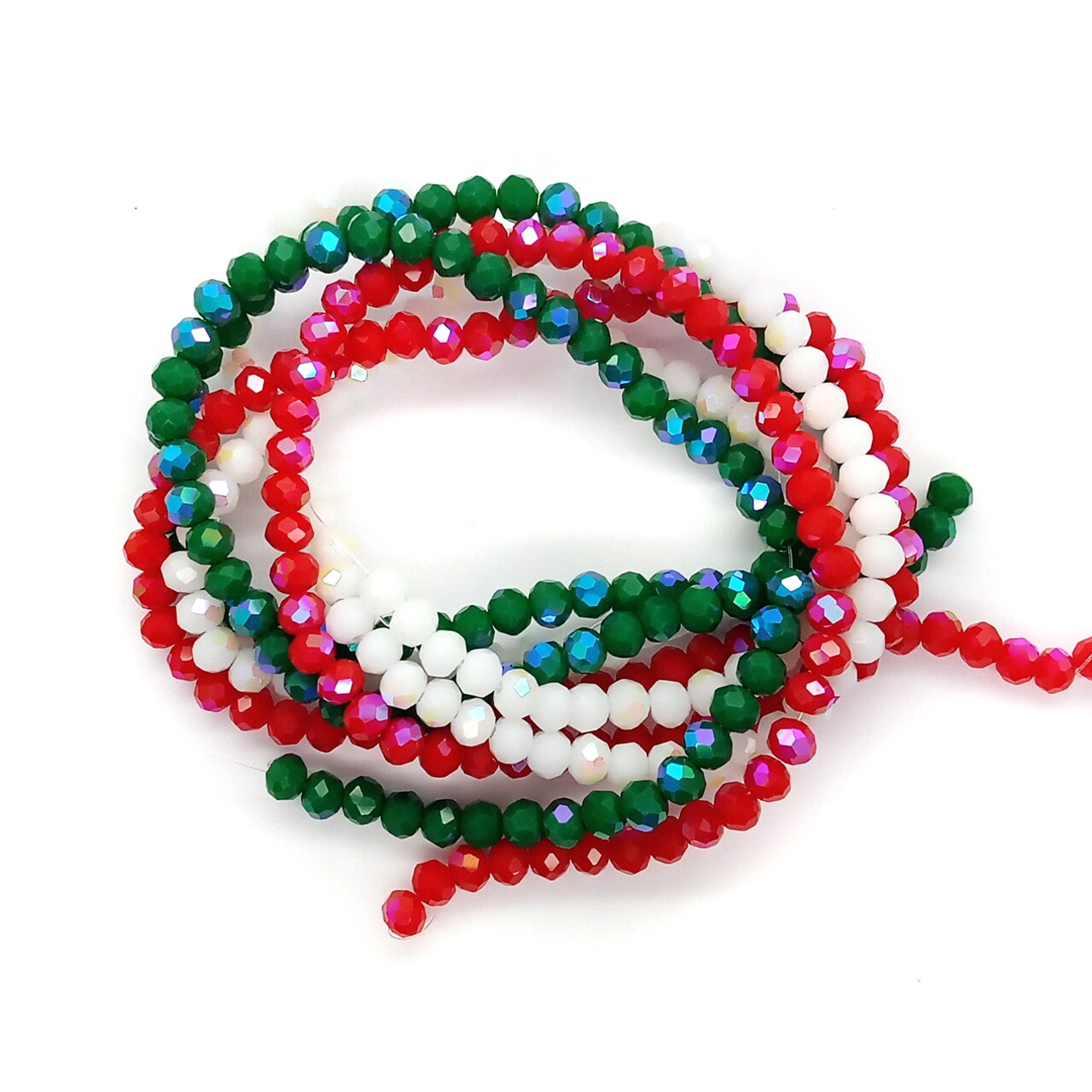 Glass Beads in Christmas Colors, 3 12-in strands, 4mm Rondelles in Red Green & White, Adorabilities